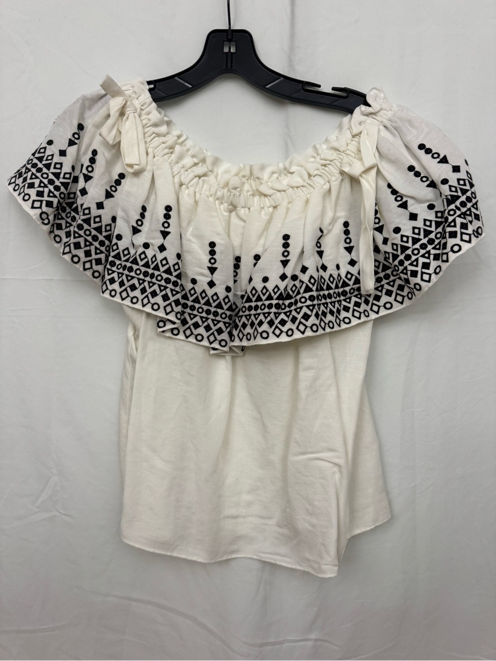 Parker White Off-Shoulder Blouse with Black Geometric Embroidery
